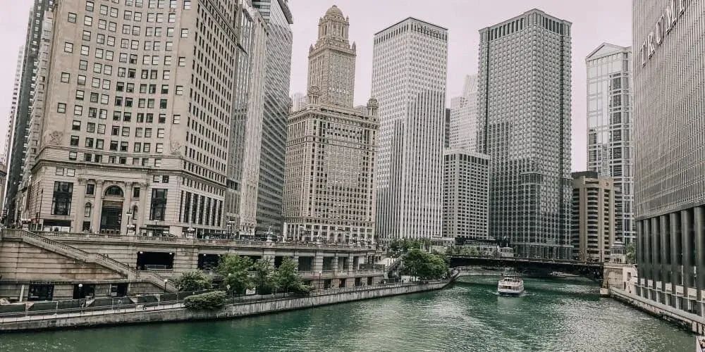 Chicago River and downtown skyline cityscape view