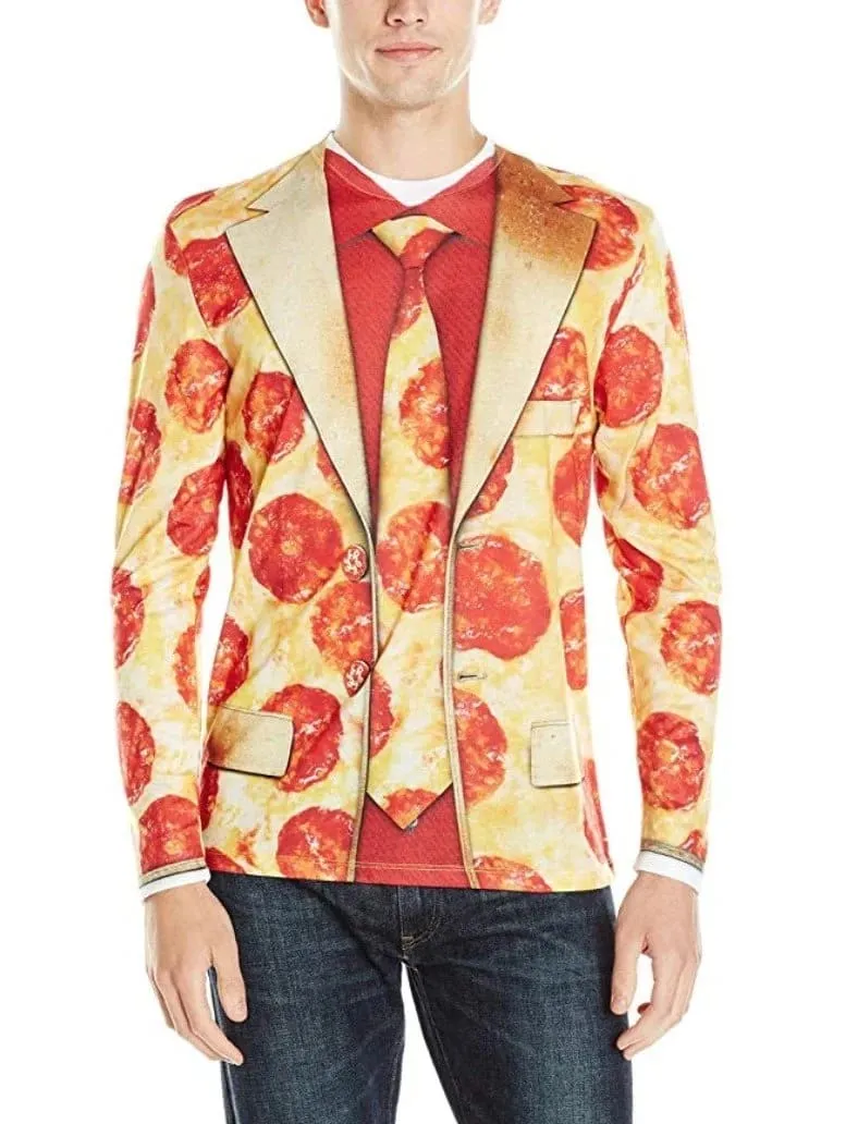 Man wearing a pizza-pattern suit jacket with matching tie