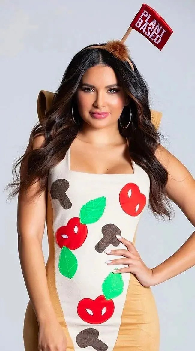 Woman wearing white and colored pizza-pattern dress