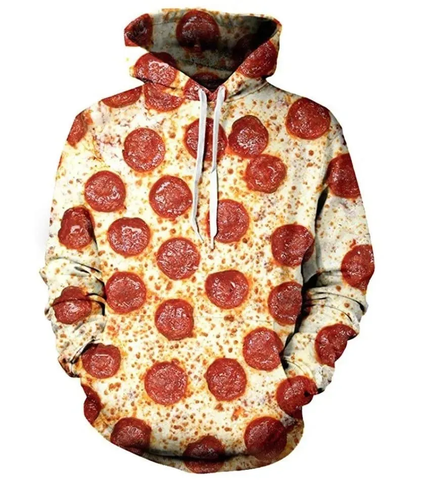 Red and white pepperoni pizza print hoodie with drawstring