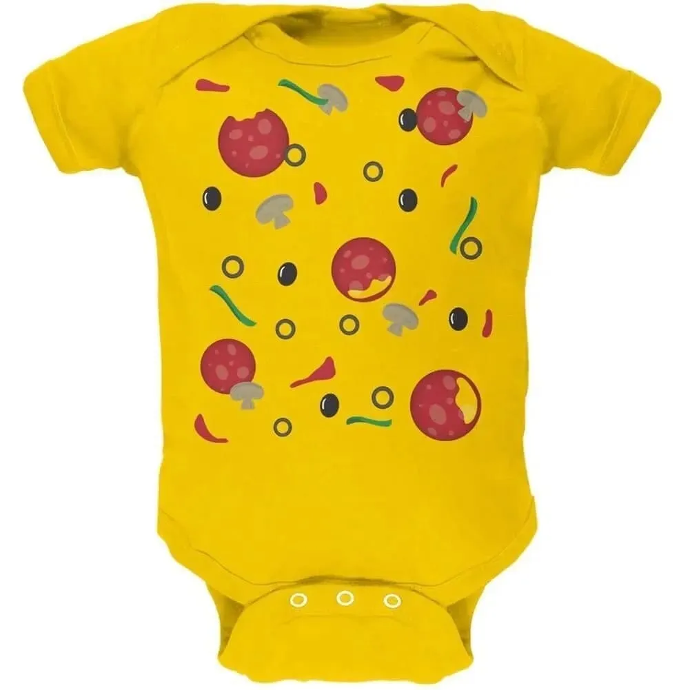 Yellow baby onesie with pizza slice and topping graphics print