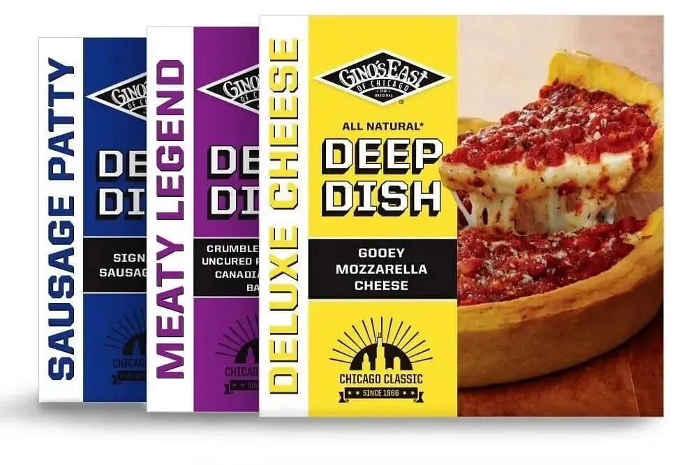 Gino&#x27;s East product packages with sausage, meaty legend, and cheese options