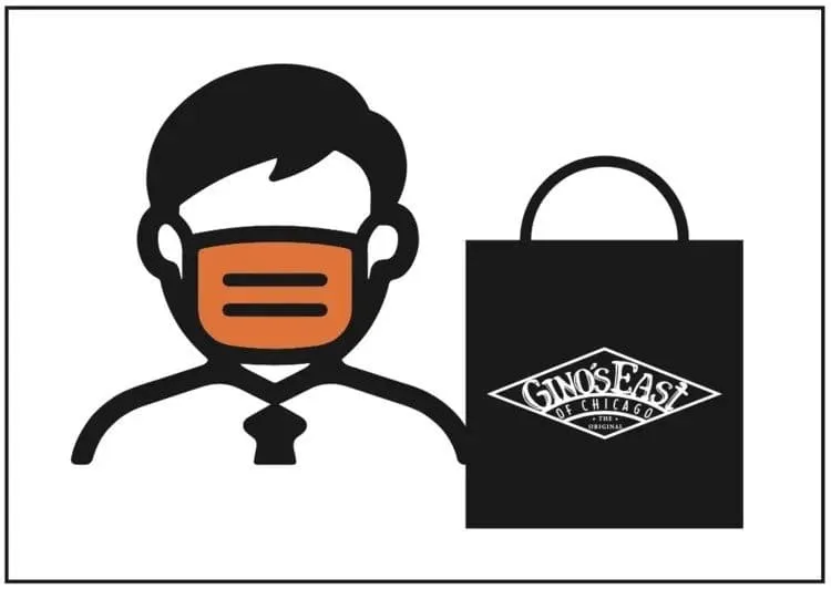 Person icon wearing face mask with Gino’s East bag