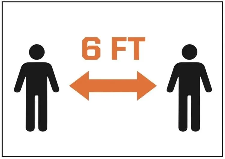 Social distancing graphic with two figures and 6 feet distance marker