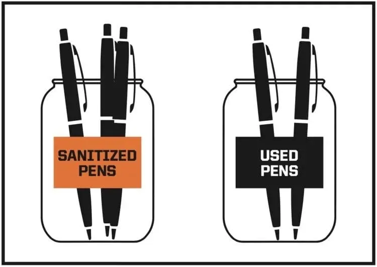 Jars labeled sanitized pens and used pens