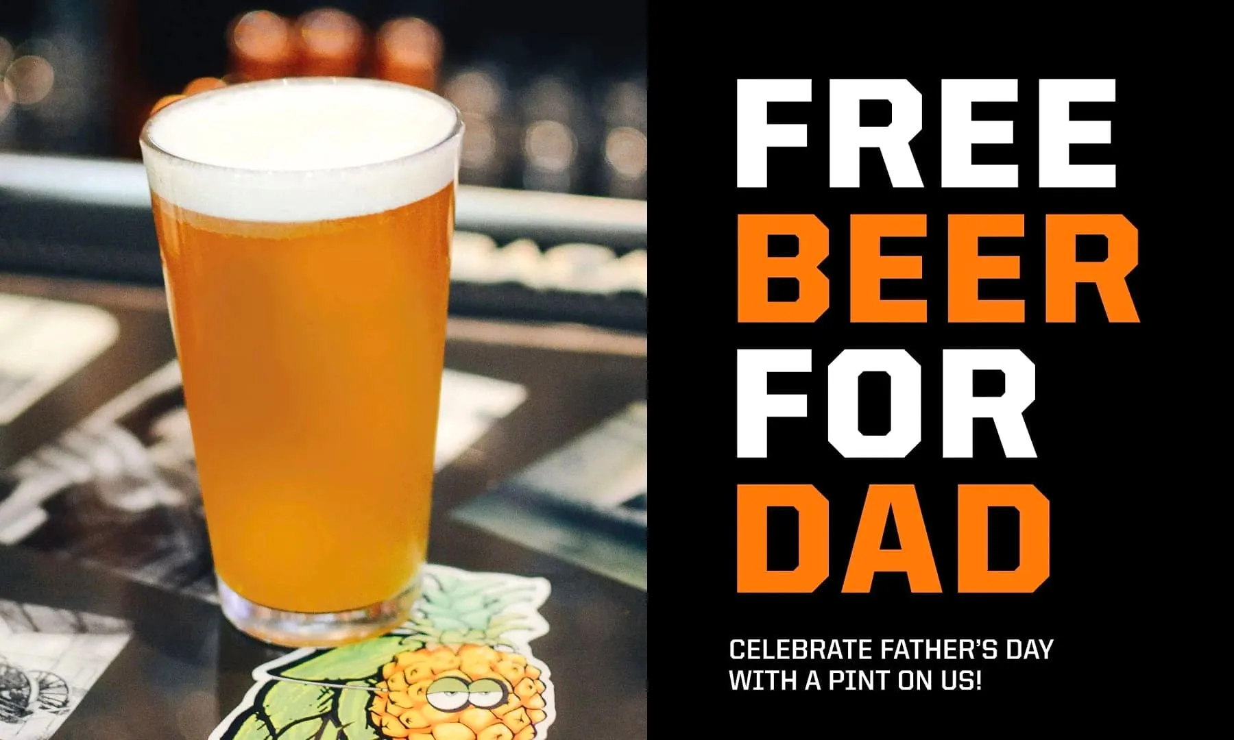 Golden beer glass with foam head and Father's Day promotion graphic