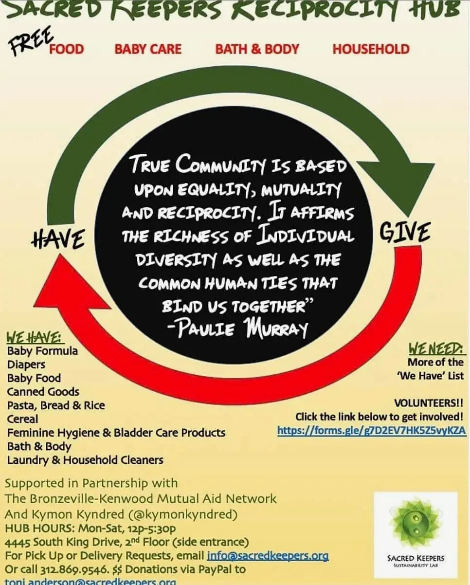 Sacred Keepers Reciprocity Hub flyer listing free food, baby care, and household donations available to the community