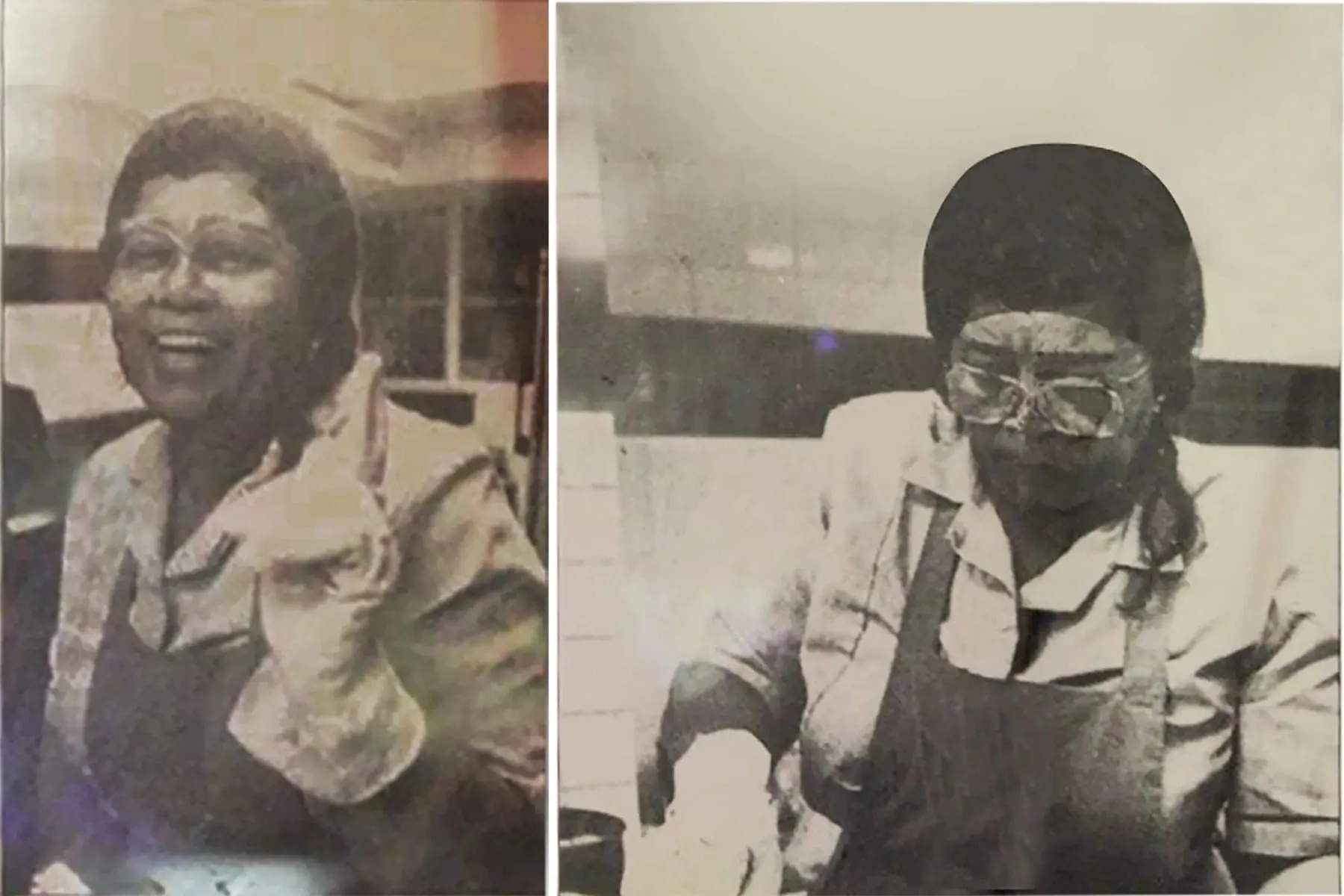 Alice Mae Redmond smiling, and wearing safety glasses while working pizza dough by hand, in two archival photos