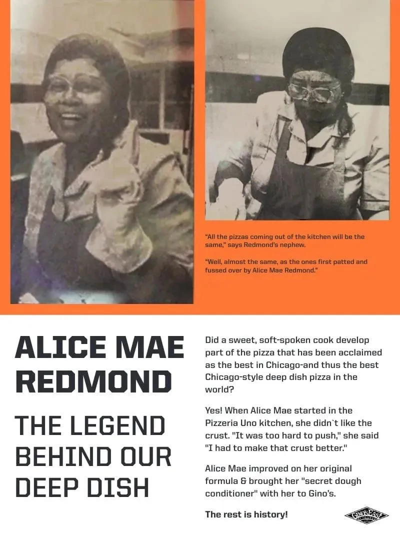 Tribute graphic featuring Alice Mae Redmond&#x27;s photos and a quote from her nephew about her original crust recipe