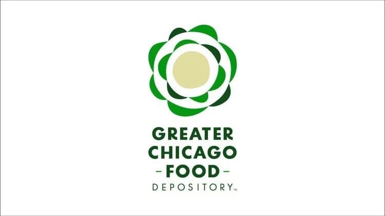 Greater Chicago Food Depository logo, a green and cream flower emblem