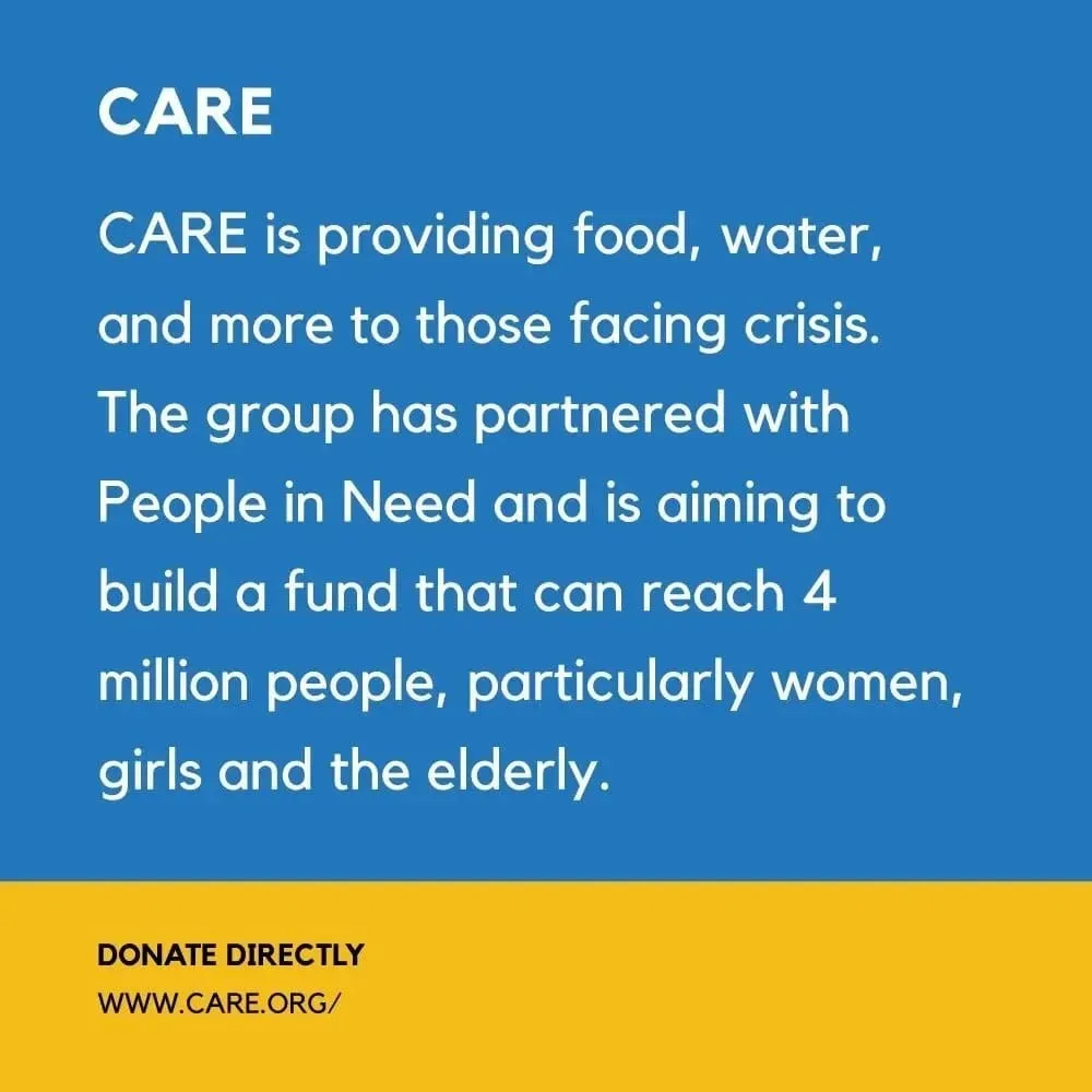 CARE donation graphic describing food and water relief for women, girls and the elderly in crisis