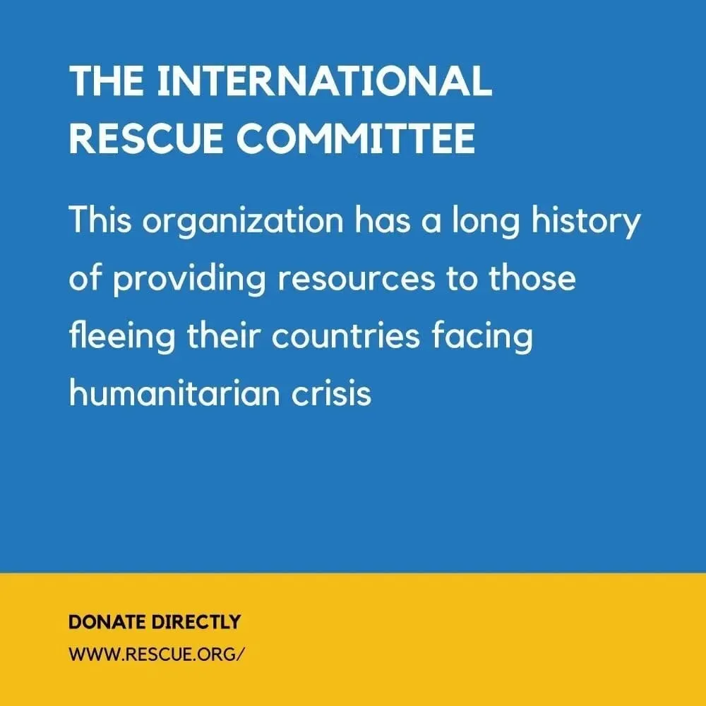 International Rescue Committee donation graphic describing aid for people fleeing humanitarian crisis