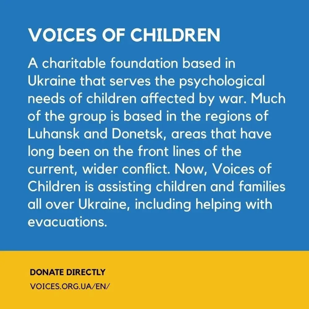 Voices of Children donation graphic describing psychological support for Ukrainian children affected by war