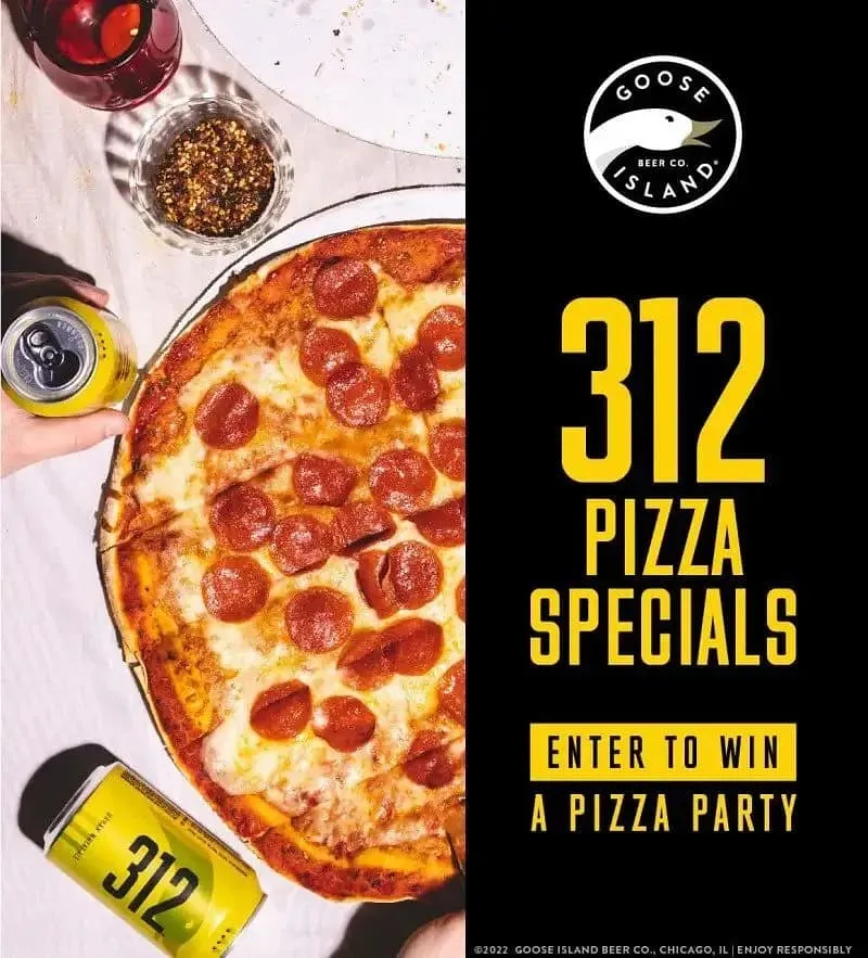 A pepperoni deep dish pizza with 312 beer cans, next to the Goose Island pizza-party contest graphic