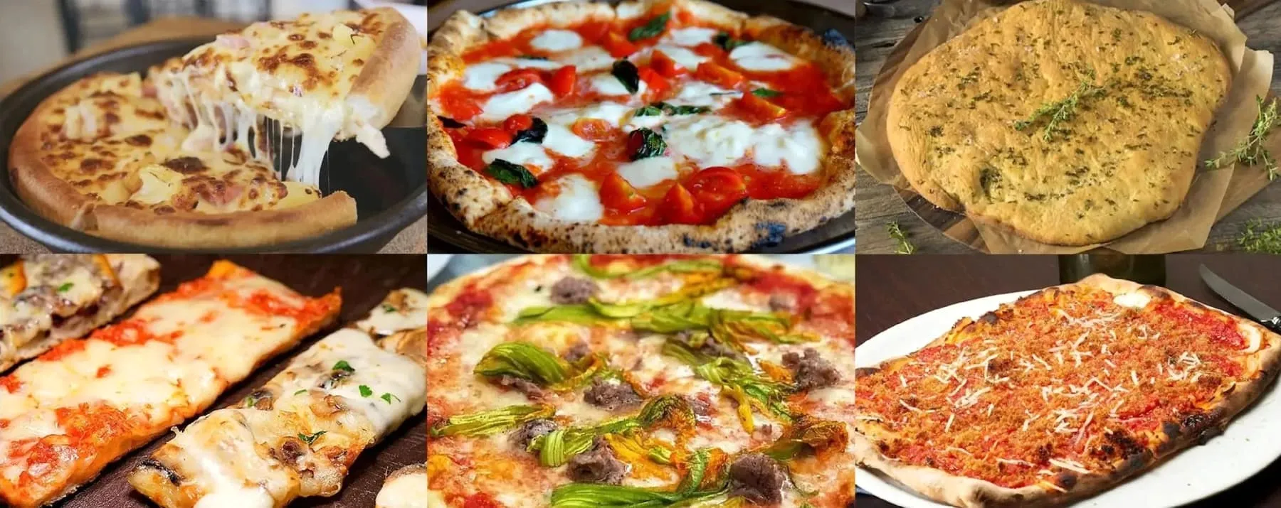 A collage of six different Italian pizza styles, from Neapolitan to focaccia-topped varieties