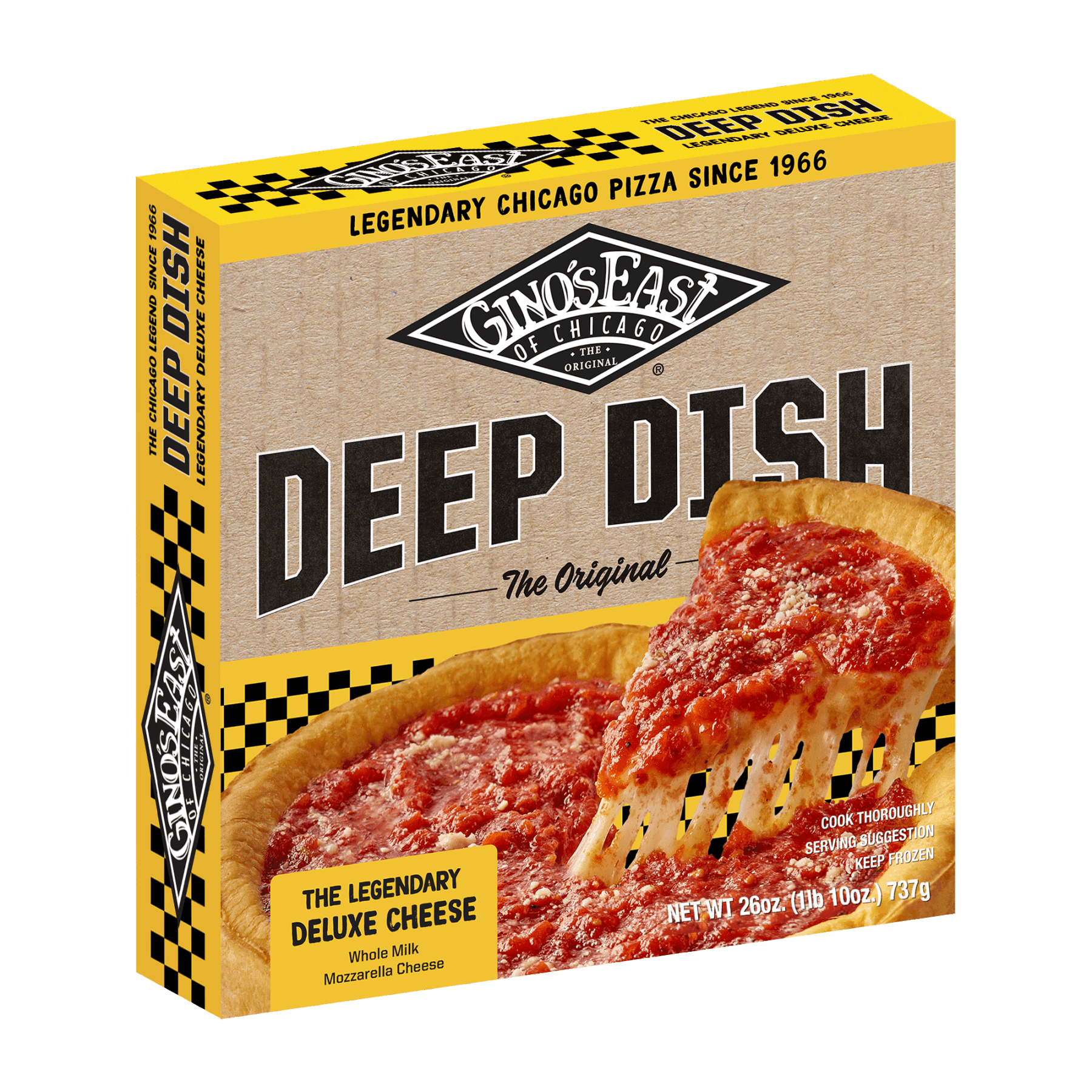 Box of Gino’s East Chicago Deep Dish Deluxe Cheese frozen pizza
