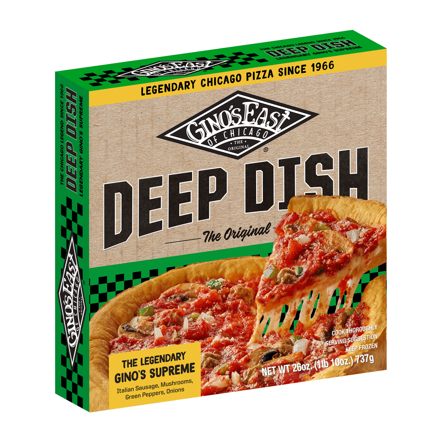 Box of Gino’s East Chicago Deep Dish Supreme frozen pizza
