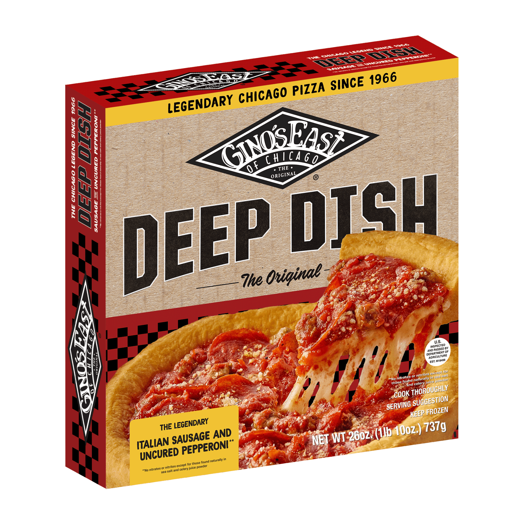 Box of Gino’s East Chicago Deep Dish Sausage & Pepperoni frozen pizza