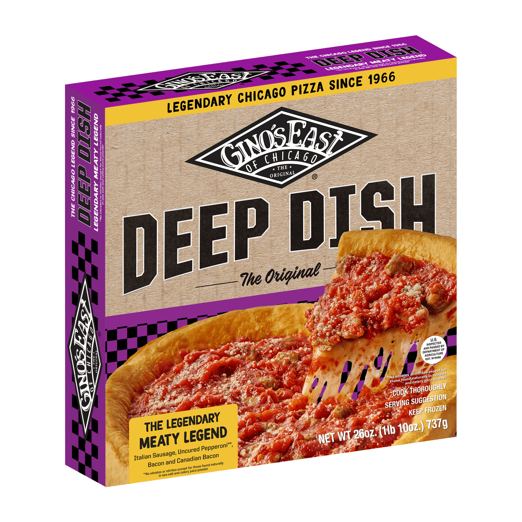 Box of Gino’s East Chicago Deep Dish Meaty Legend frozen pizza