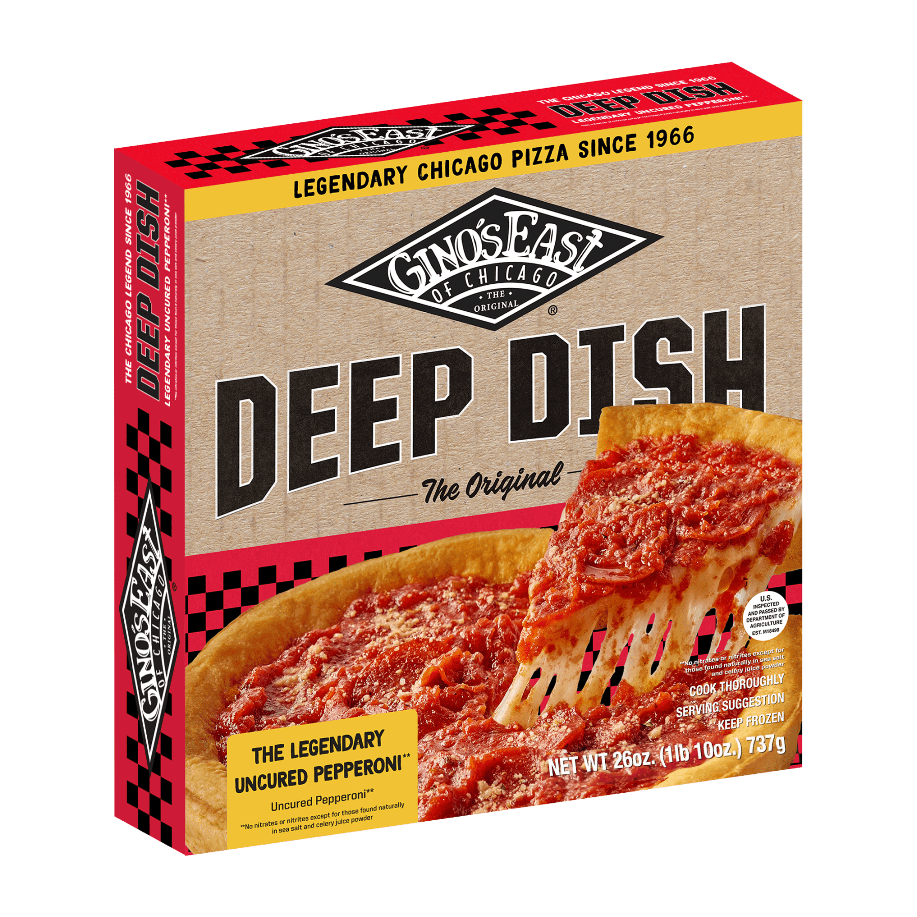 Box of Gino’s East Chicago Deep Dish Pepperoni frozen pizza