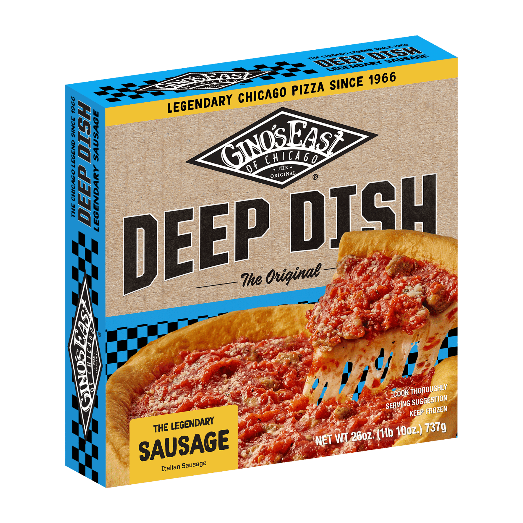 Box of Gino’s East Chicago Deep Dish Sausage frozen pizza