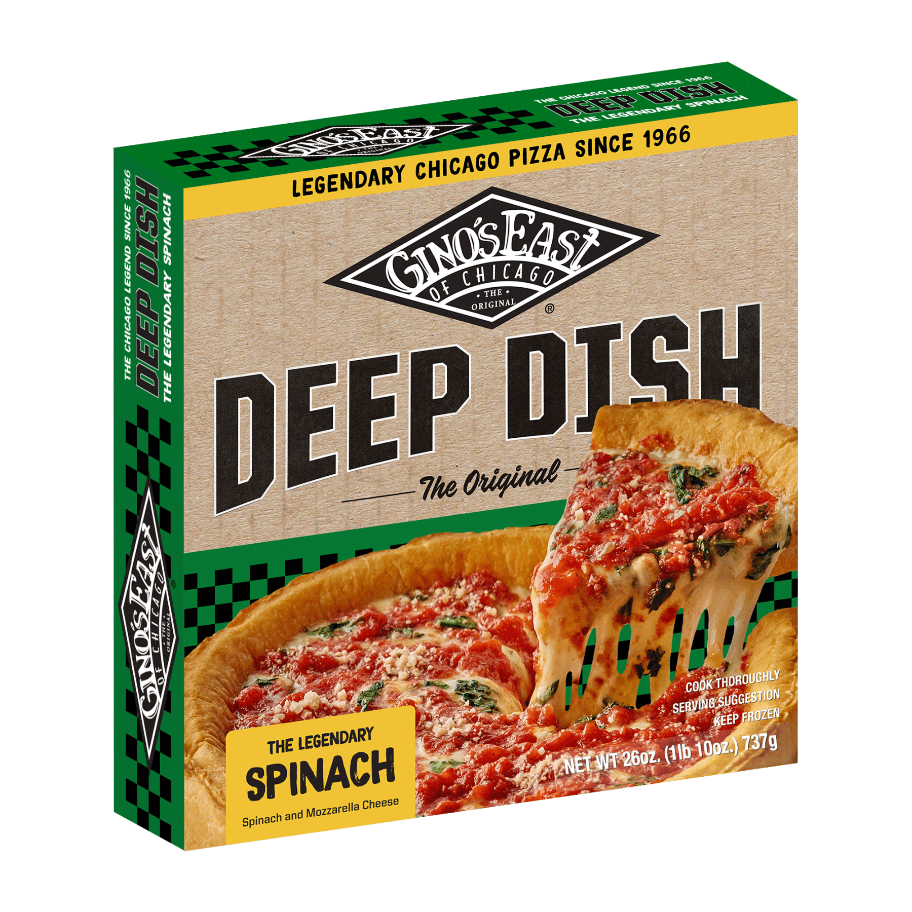 Box of Gino’s East Chicago Deep Dish Spinach frozen pizza