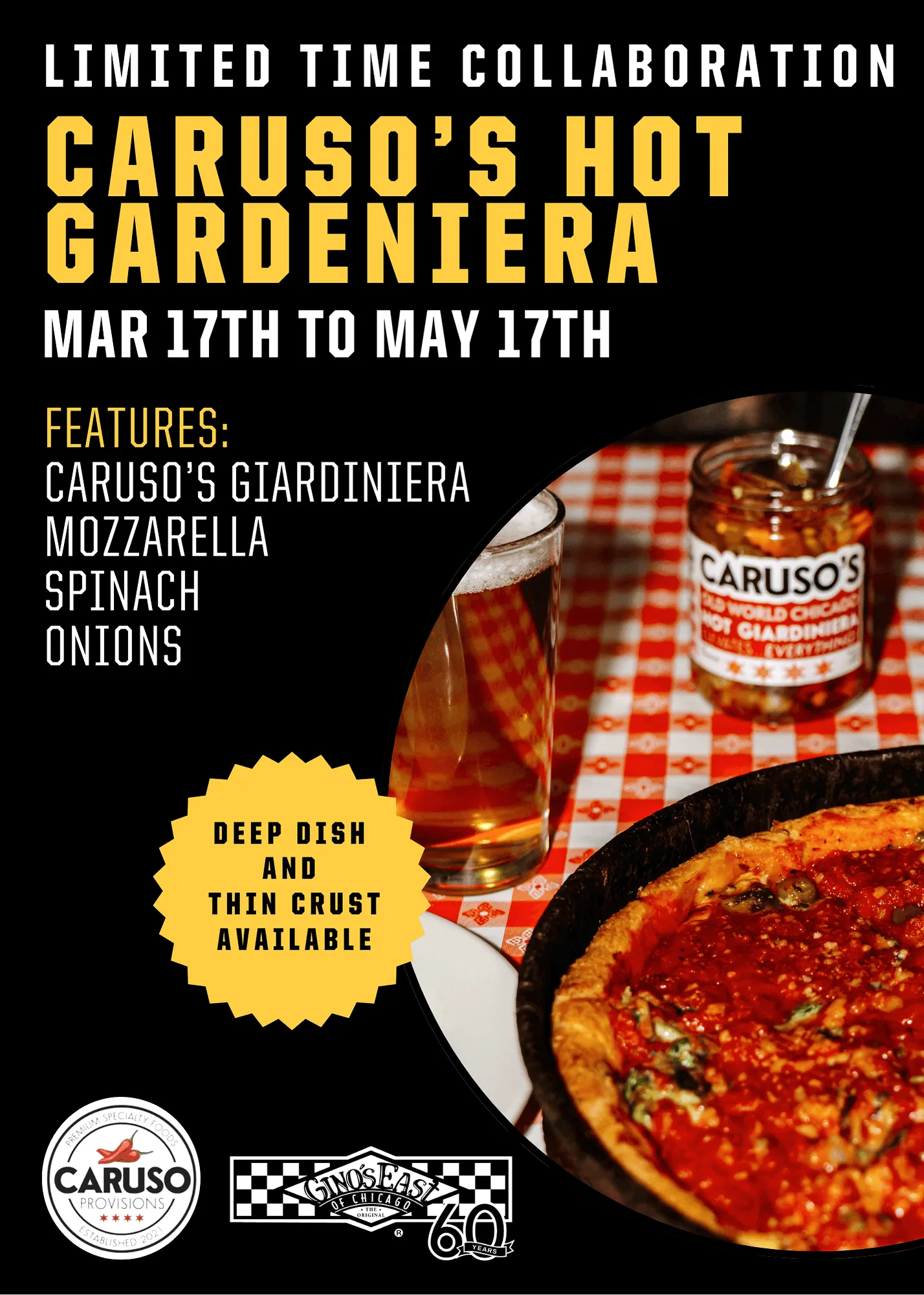 Table card artwork reading "Elevates Everything" beside pints of beer and a Gino’s East pizza box