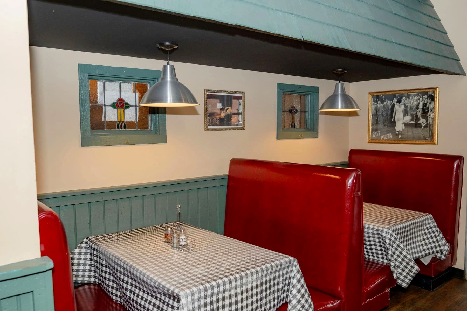 Dining room in the former firehouse engine bay at Gino's East Wheaton