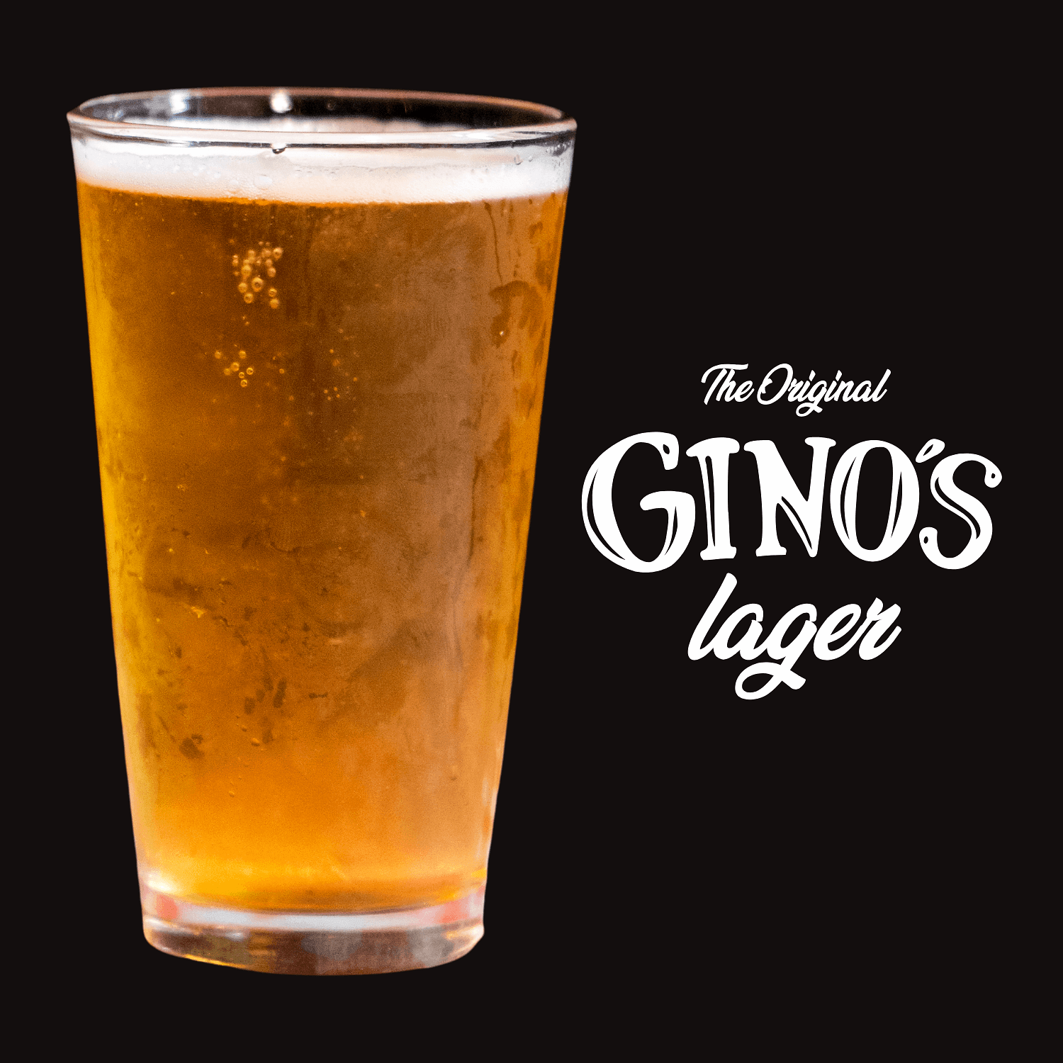 A pint of Gino’s lager beer with a foamy head