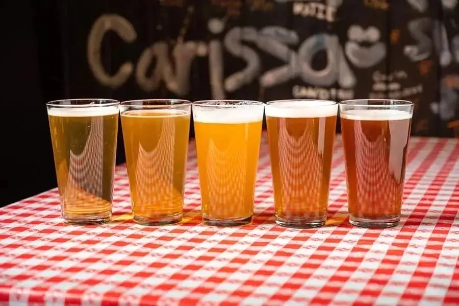 A lineup of five beer styles in pint glasses showing a range of colors from light lager to dark ale