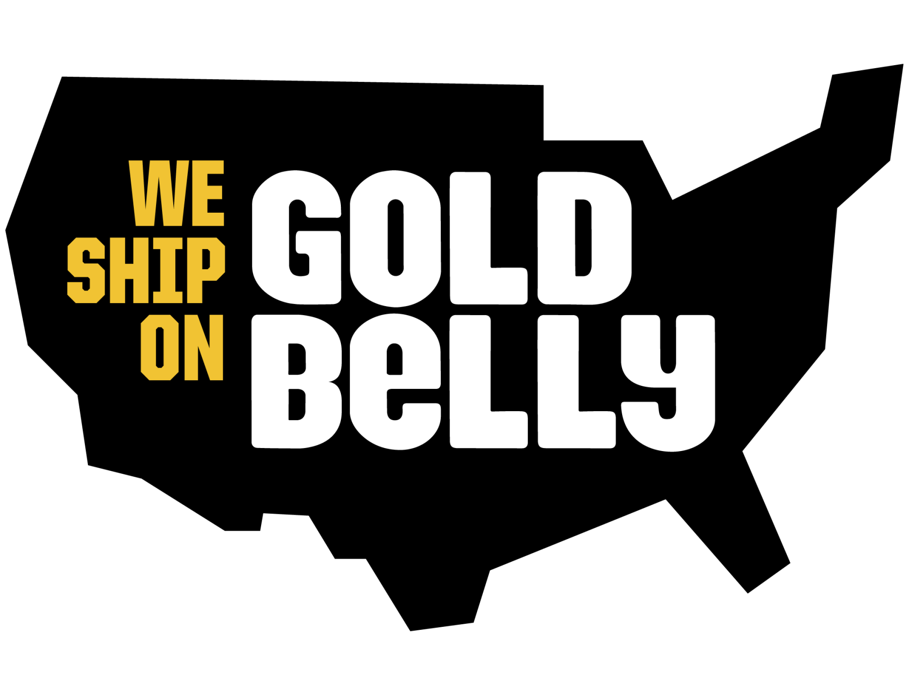 Bold text stating 'We ship on Goldbelly' on a black background