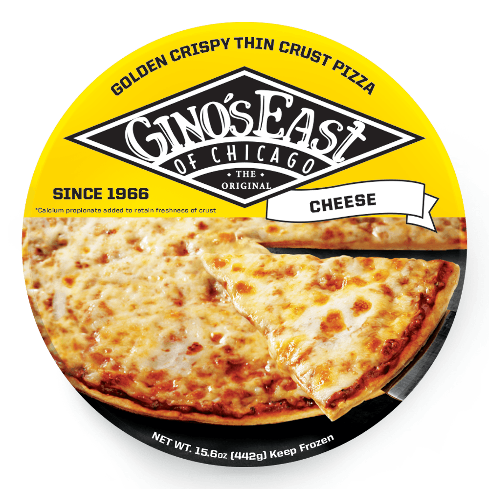 Box of Gino’s East Thin Crust Cheese frozen pizza