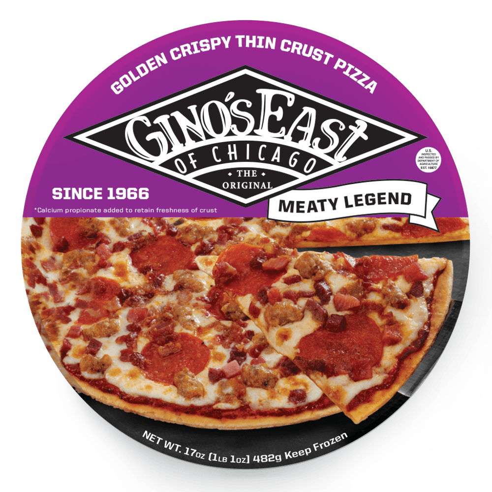Box of Gino’s East Thin Crust Meaty Legend frozen pizza
