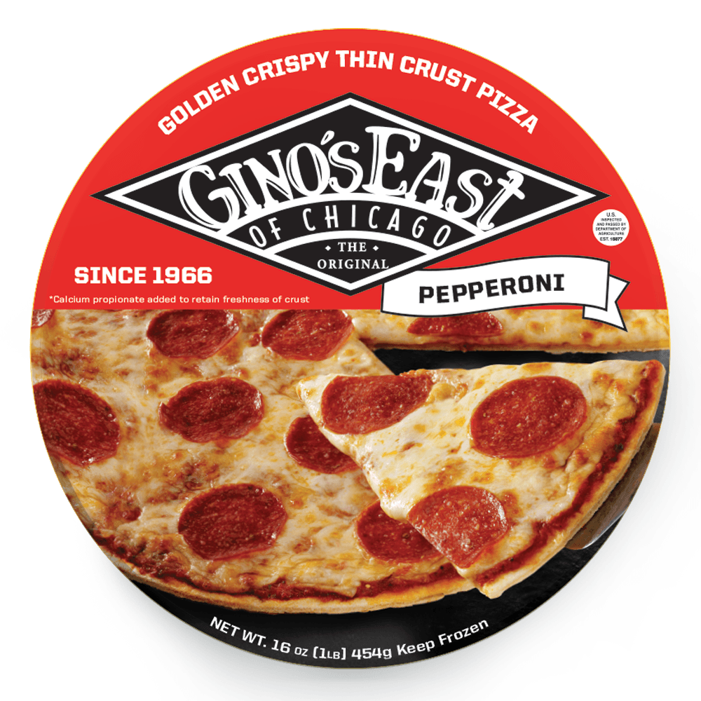 Box of Gino’s East Thin Crust Pepperoni frozen pizza