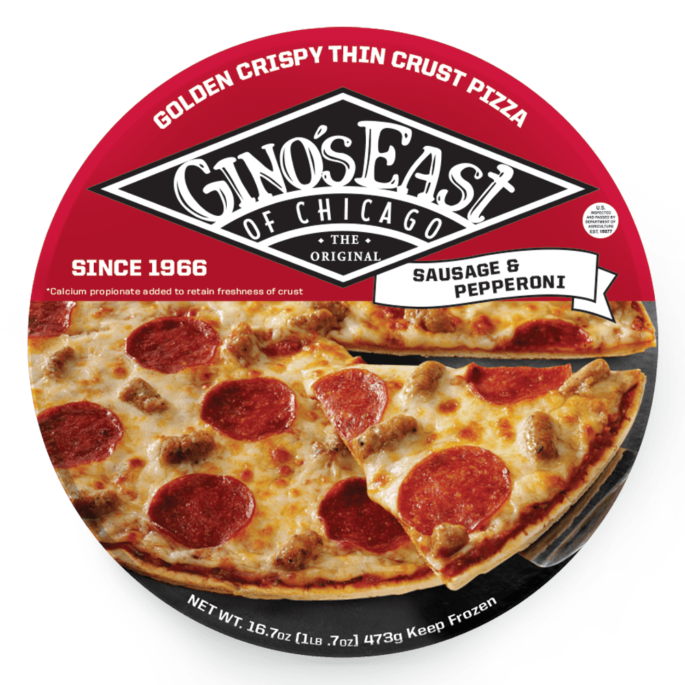 Box of Gino’s East Thin Crust Sausage & Pepperoni frozen pizza
