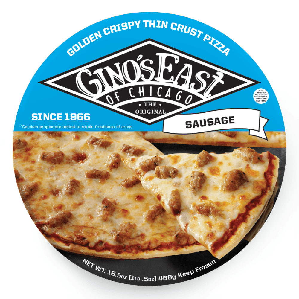 Box of Gino’s East Thin Crust Sausage frozen pizza