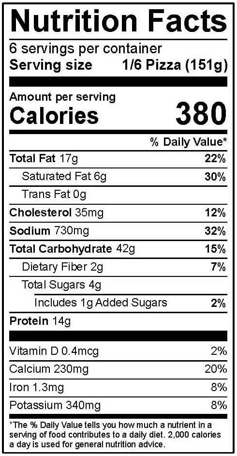 Nutrition facts panel for the sausage deep dish pizza