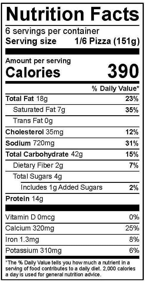 Nutrition facts panel for the cheese deep dish pizza