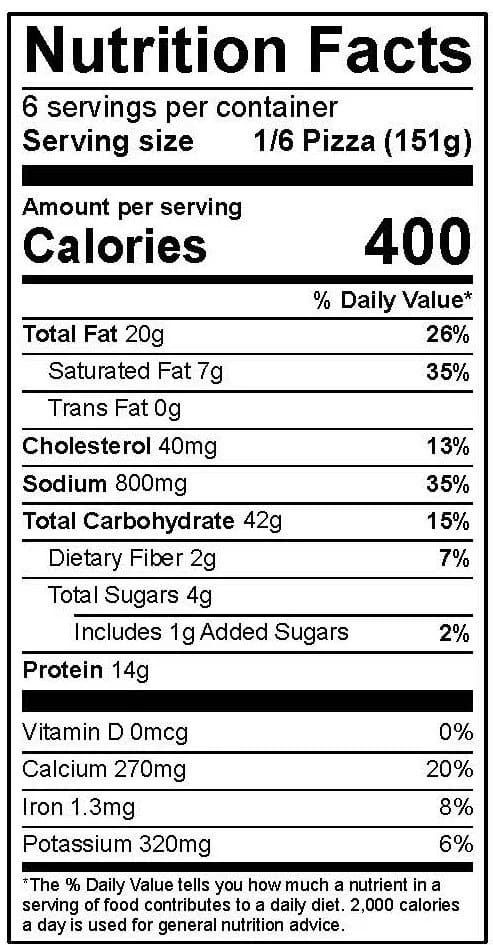 Nutrition facts panel for the pepperoni deep dish pizza