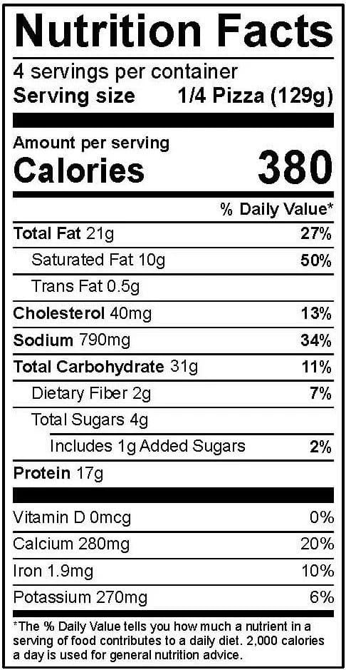 Nutrition facts panel for the tavern style cheese pizza