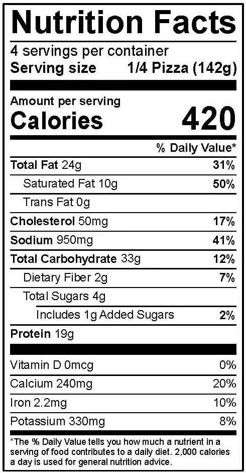 Nutrition facts panel for the tavern style meaty legend pizza