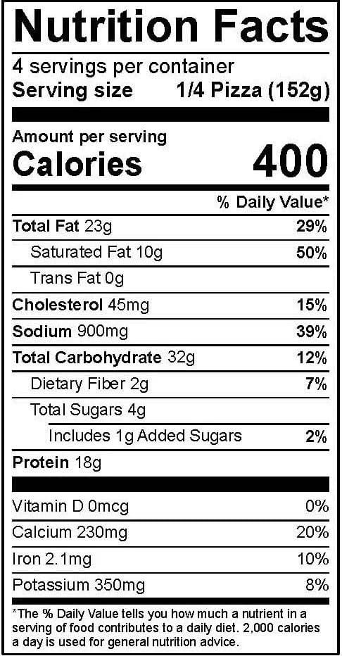 Nutrition facts panel for the tavern style supreme pizza