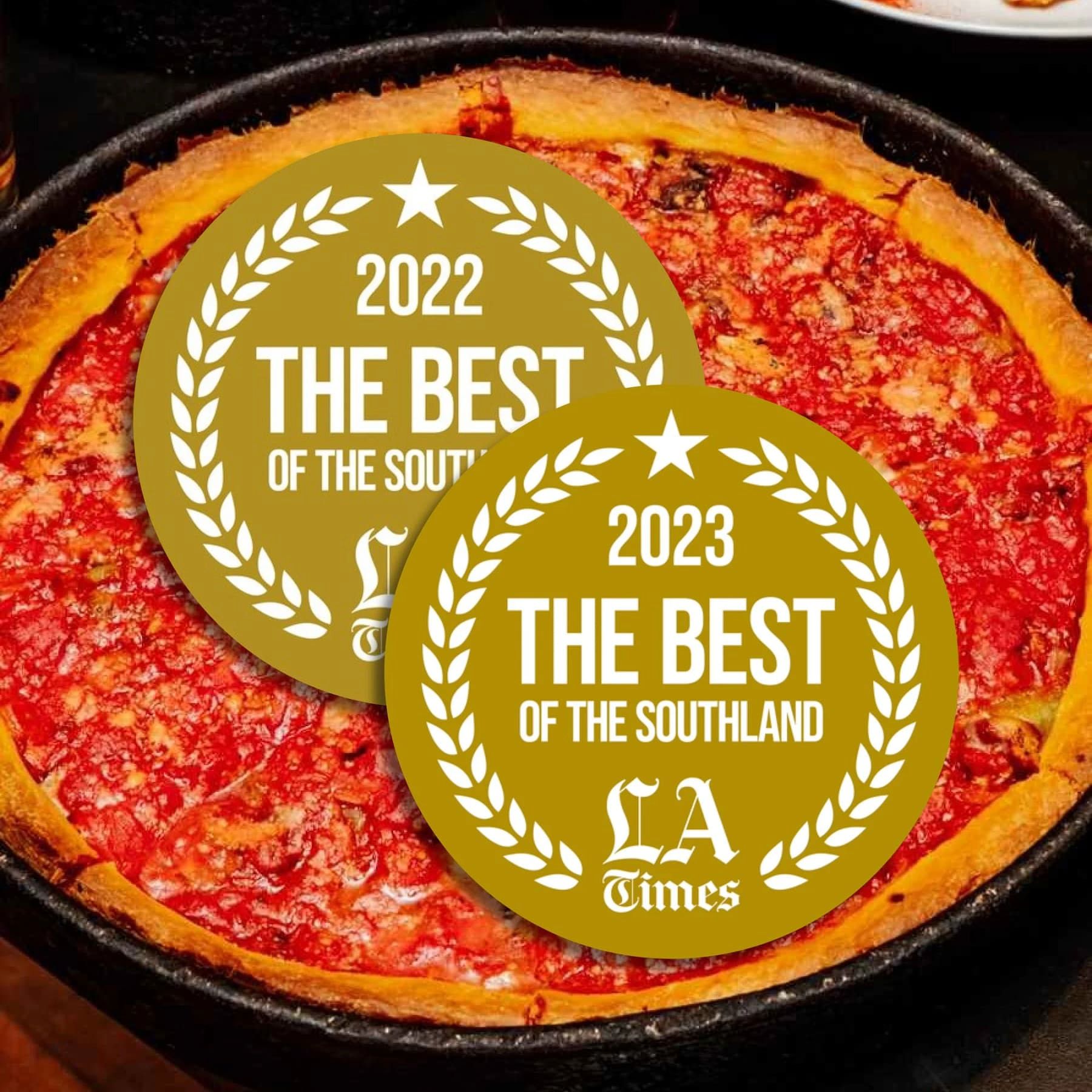 A deep dish pizza served at Gino’s East Los Angeles