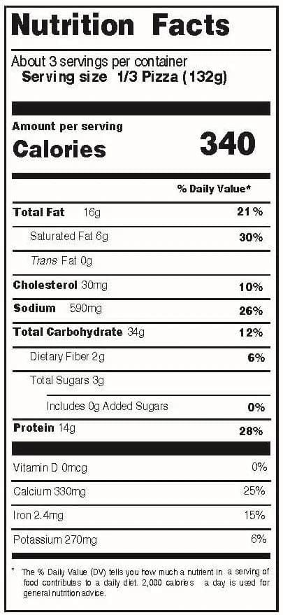 Nutrition facts panel for the thin crust cheese pizza