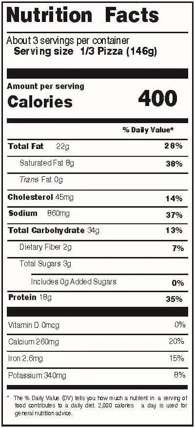 Nutrition facts panel for the thin crust meaty legend pizza