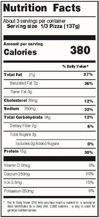 Nutrition facts panel for the thin crust pepperoni pizza