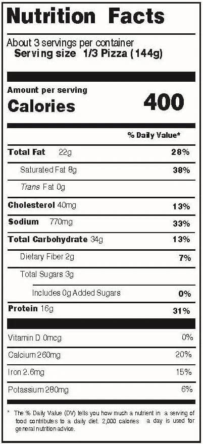 Nutrition facts panel for the thin crust sausage and pepperoni pizza