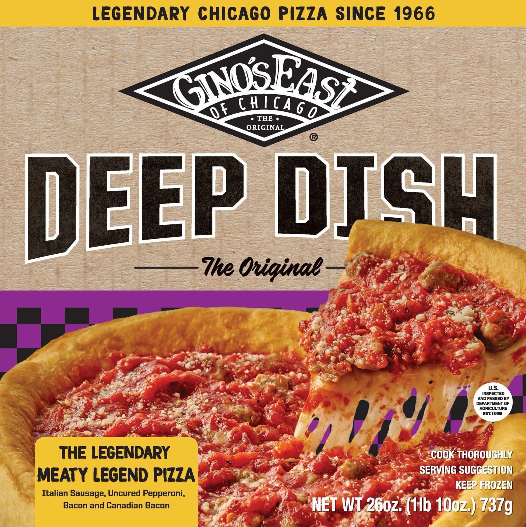 Gino's East frozen deep dish meaty legend pizza box