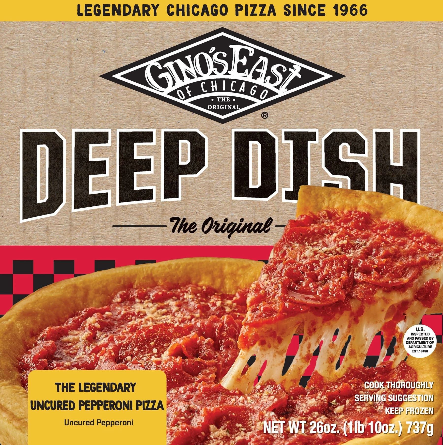 Gino's East frozen deep dish pepperoni pizza box