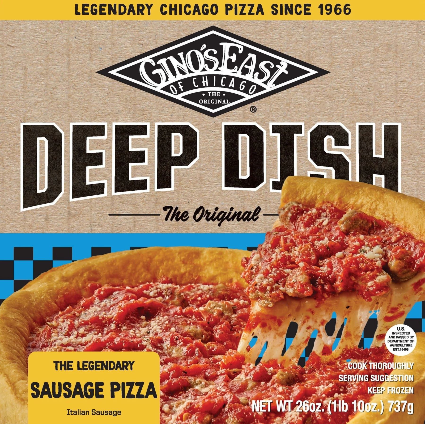Gino's East frozen deep dish sausage pizza box